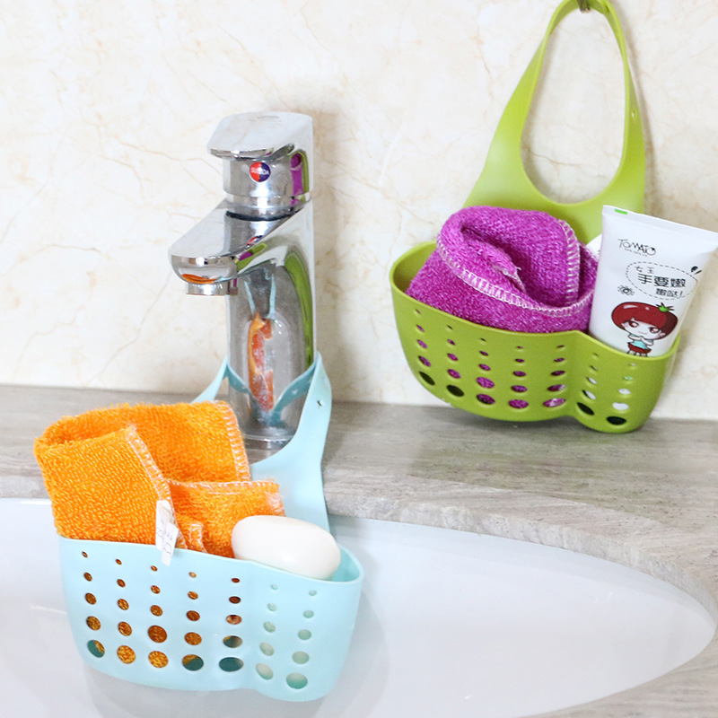 A16 厨房水龙头收纳挂篮沥水篮可调节按扣式水槽海绵沥水架白底实物图