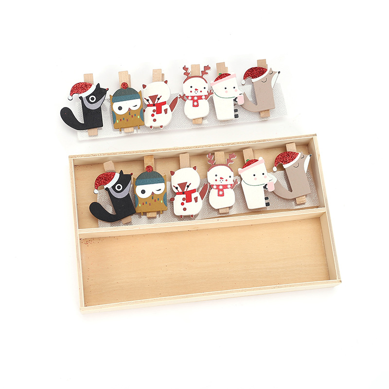 New Christmas gold powder wooden clip decoration, exquisite box set wooden Christmas photo clip, Christmas animal wooden clip