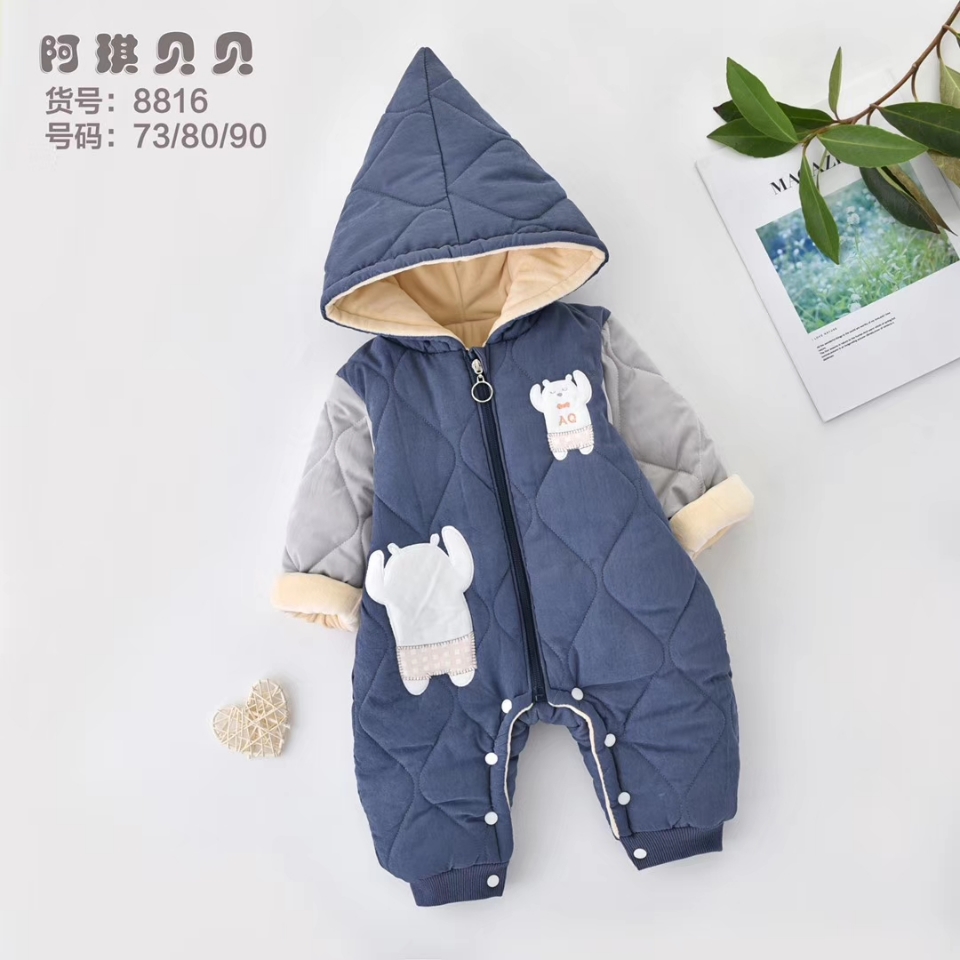 新生宝宝加厚带帽开脚连体衣，婴幼儿外出爬服