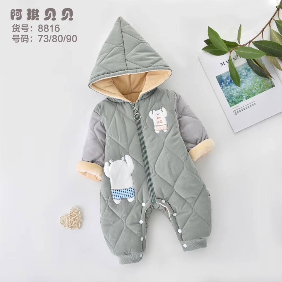 新生宝宝加厚带帽开脚连体衣，婴幼儿外出爬服产品图