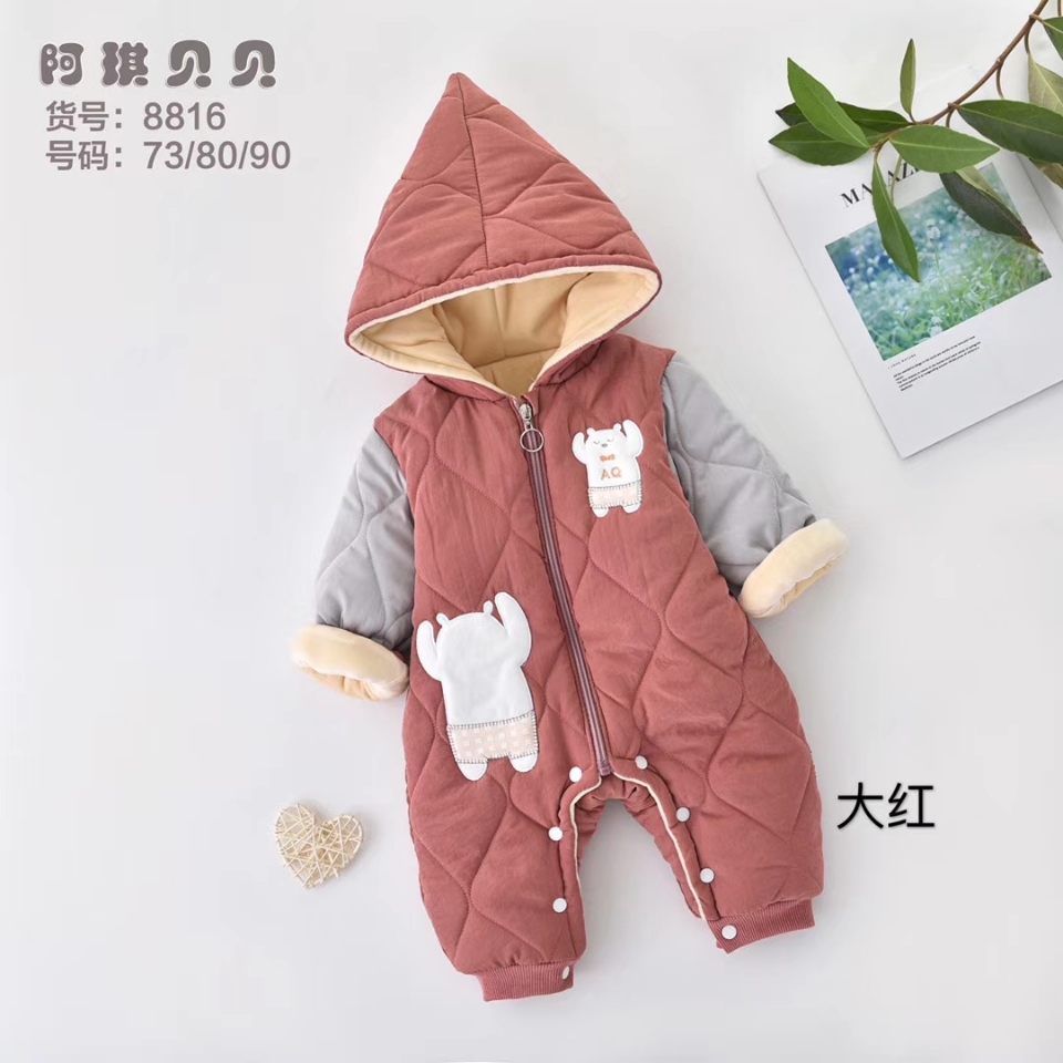 新生宝宝加厚带帽开脚连体衣，婴幼儿外出爬服细节图