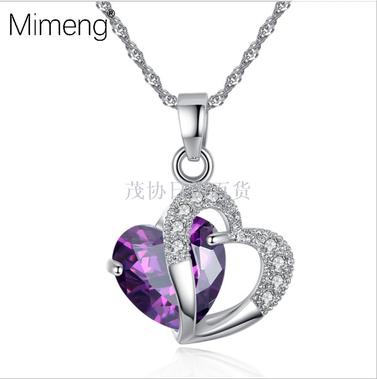 单吊坠 韩版饰品紫水晶五彩锆石心扉项链 心嫎水晶吊坠批发速卖通产品图