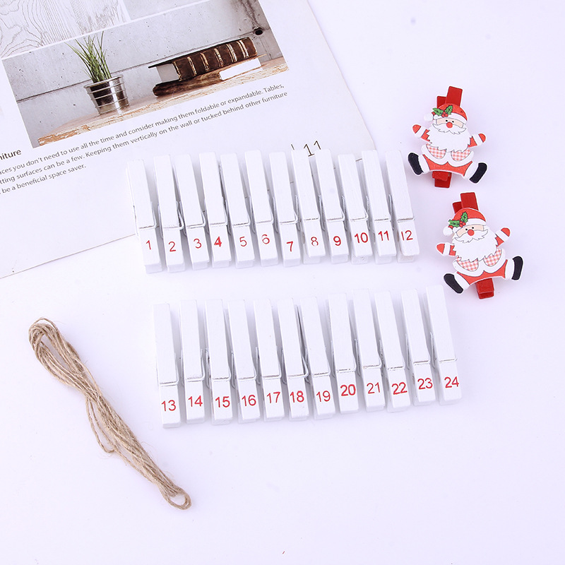 Customized Santa Claus photo wooden clips, 26 pieces, white paint digital printing snowman wooden clips, home hanging ornaments, hemp ropes details Picture