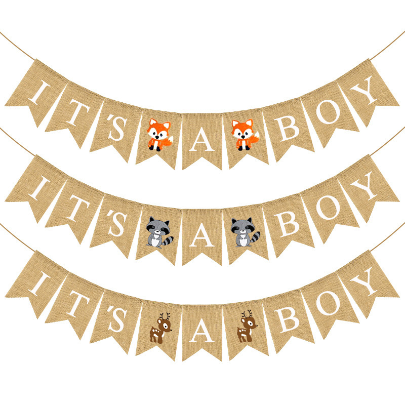 Europe And The United States Baby Shower Cartoon Animal Theme Party Latte It's A Boy Linen Flag