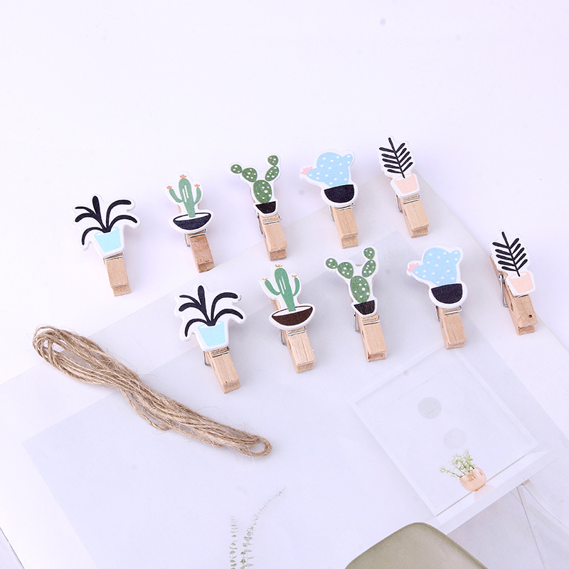 10 creative new cactus photo wooden clips, potted succulent-shaped message clips, hanging ribbons and hemp ropes Item Picture