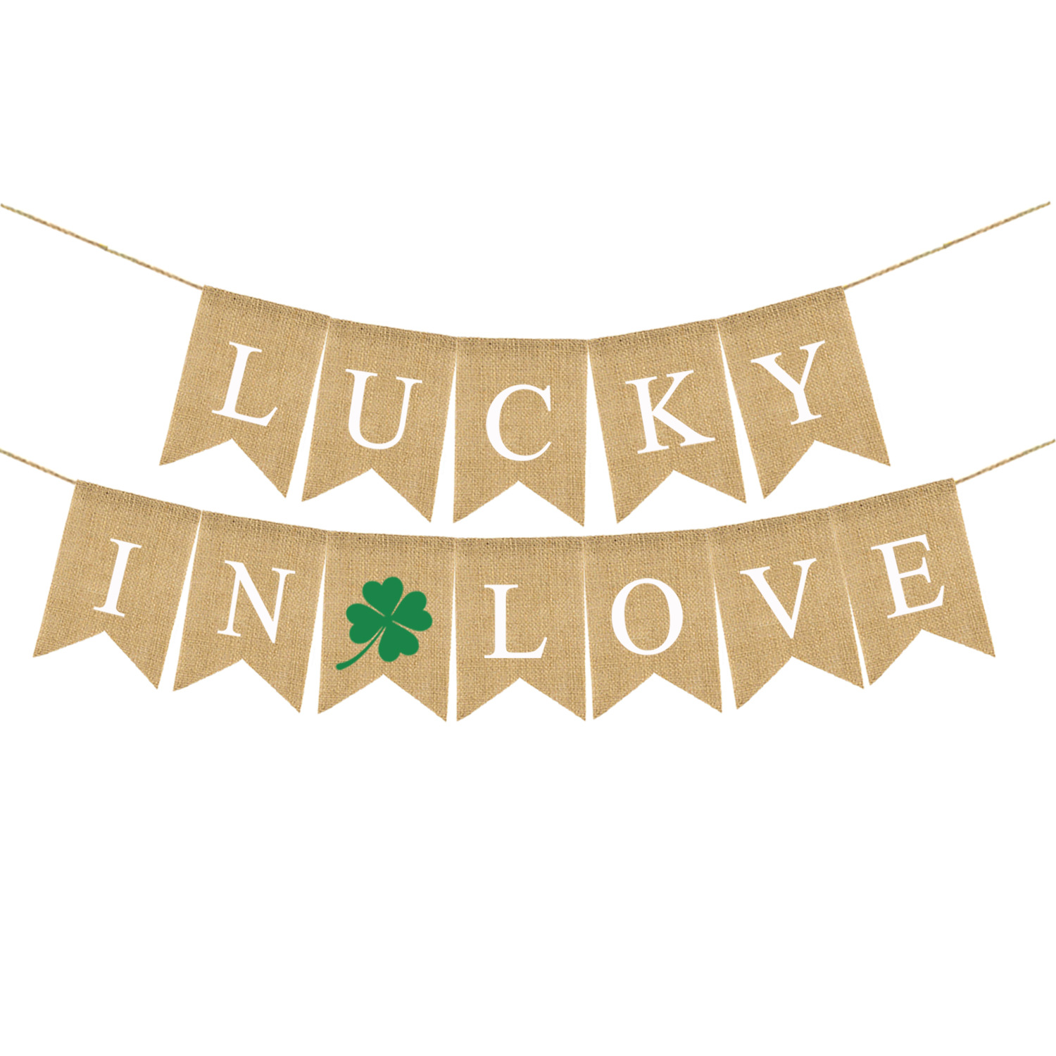 欧美圣帕特里克狂欢节黄麻串旗 LUCKY IN LOVE拉旗 派对装饰旗