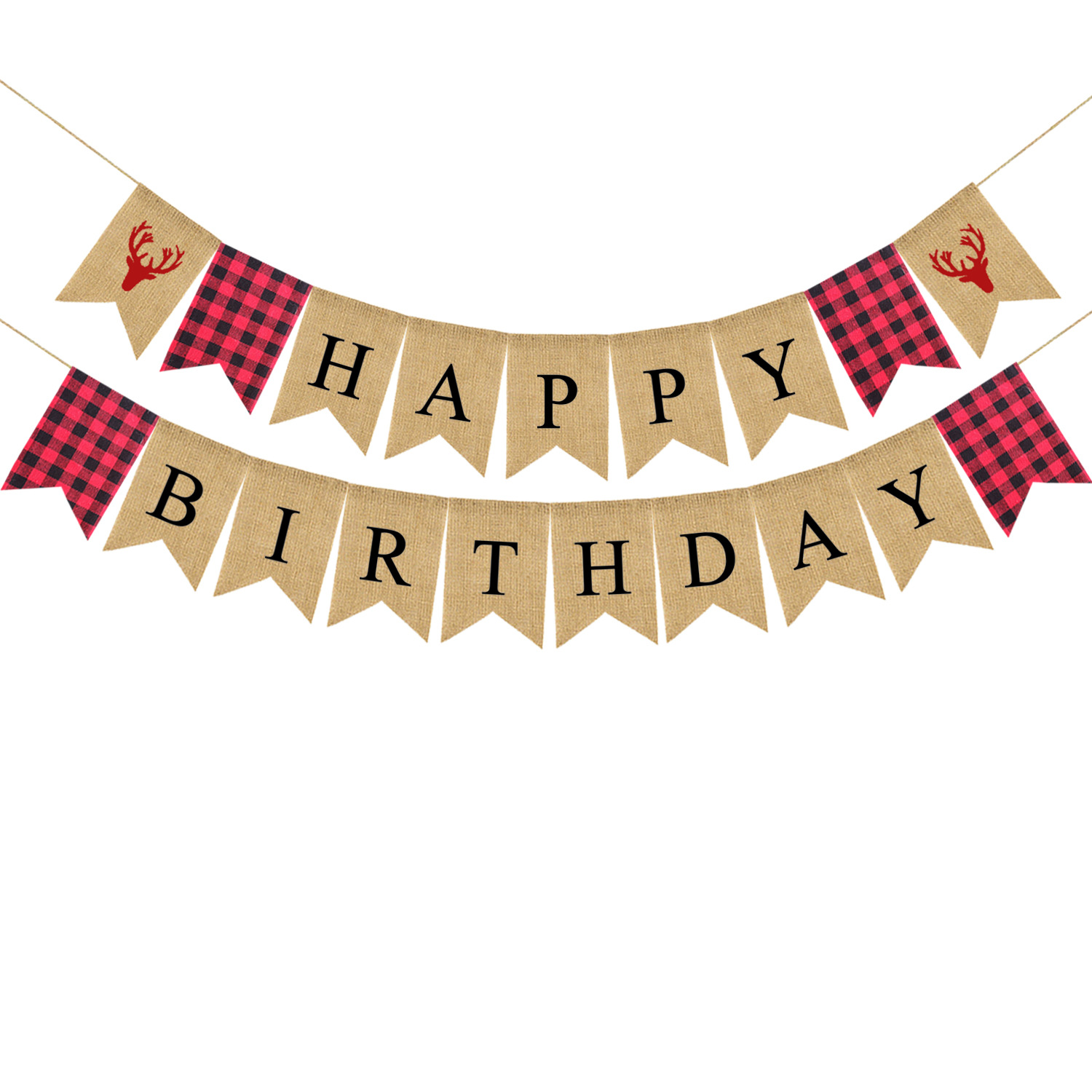 生日派对装饰拉旗 彩色HAPPY BIRTHDAY伐木工格子布麻布燕尾旗