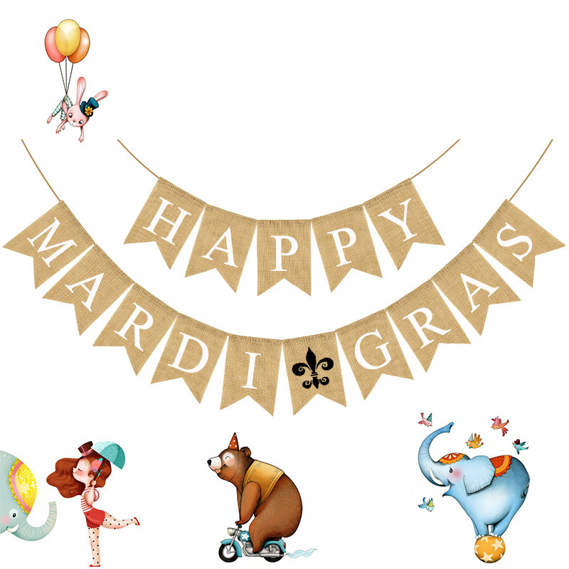 厂家直销欧美斋月装饰拉花开斋串旗HAPPY MARDI GRAS麻布燕尾拉旗
