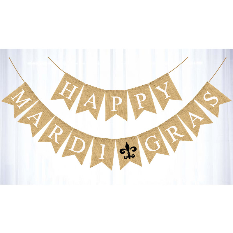 厂家直销欧美斋月装饰拉花开斋串旗HAPPY MARDI GRAS麻布燕尾拉旗细节图