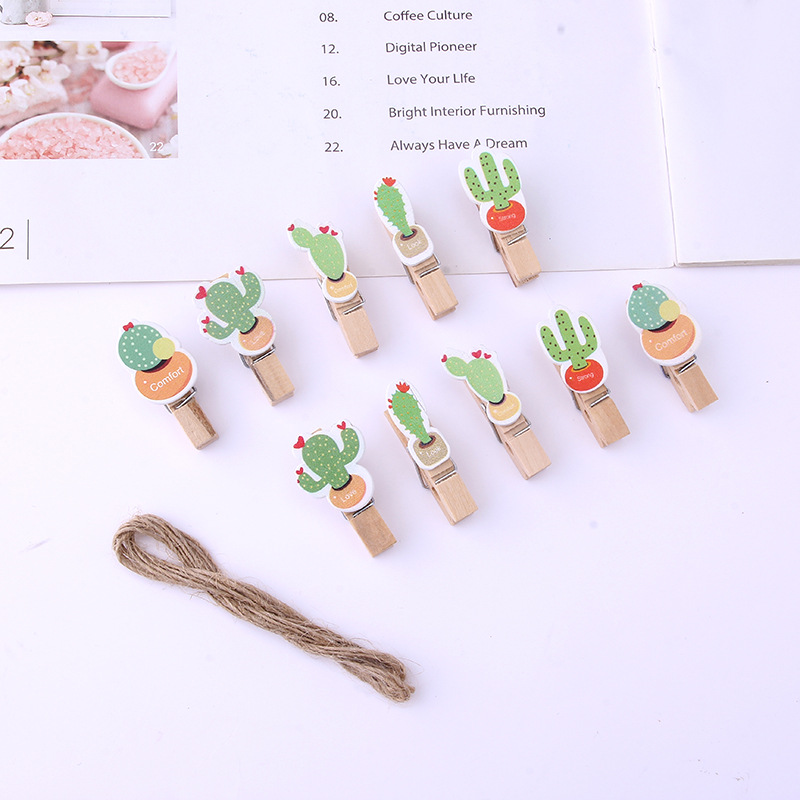 10 creative new cactus photo wooden clips, potted succulent-shaped message clips, hanging ribbons and hemp ropes Specification image
