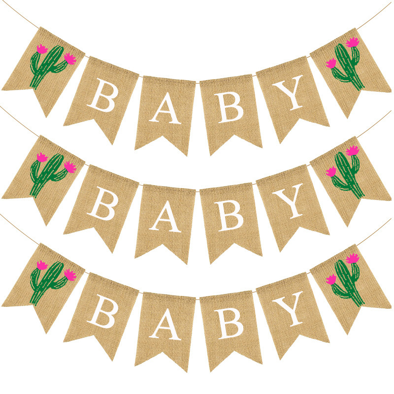 欧美新款 男女宝宝时尚节日派对装饰拉旗 仙人掌BABY 麻布燕尾旗