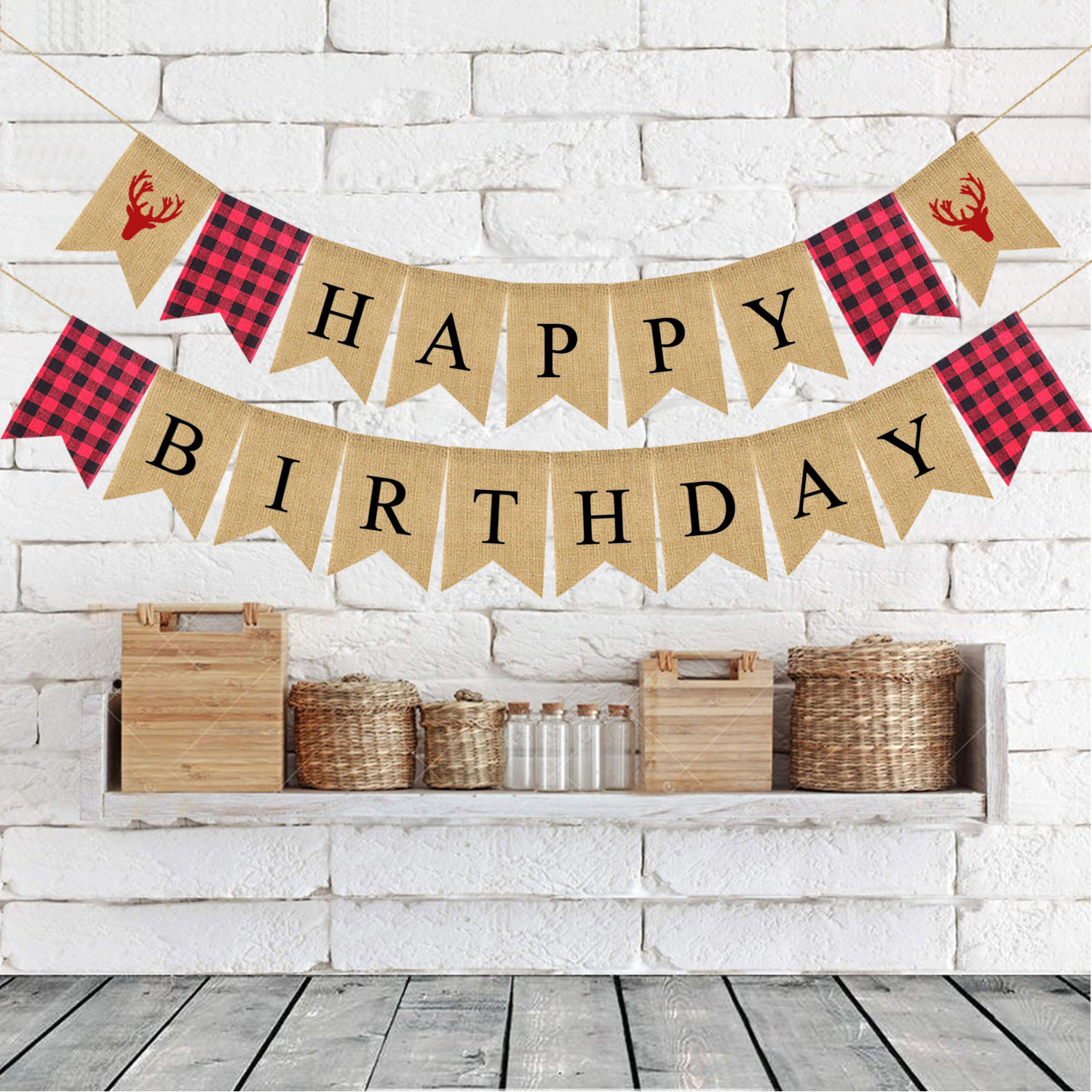 生日派对装饰拉旗 彩色HAPPY BIRTHDAY伐木工格子布麻布燕尾旗产品图