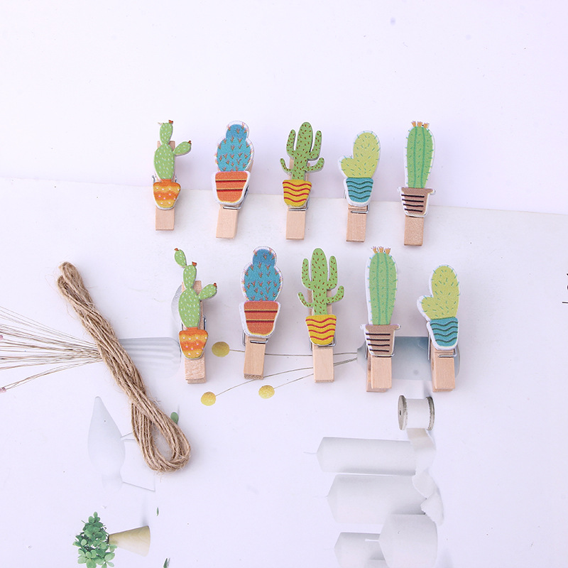 10 creative new cactus photo wooden clips, potted succulent-shaped message clips, hanging ribbons and hemp ropes