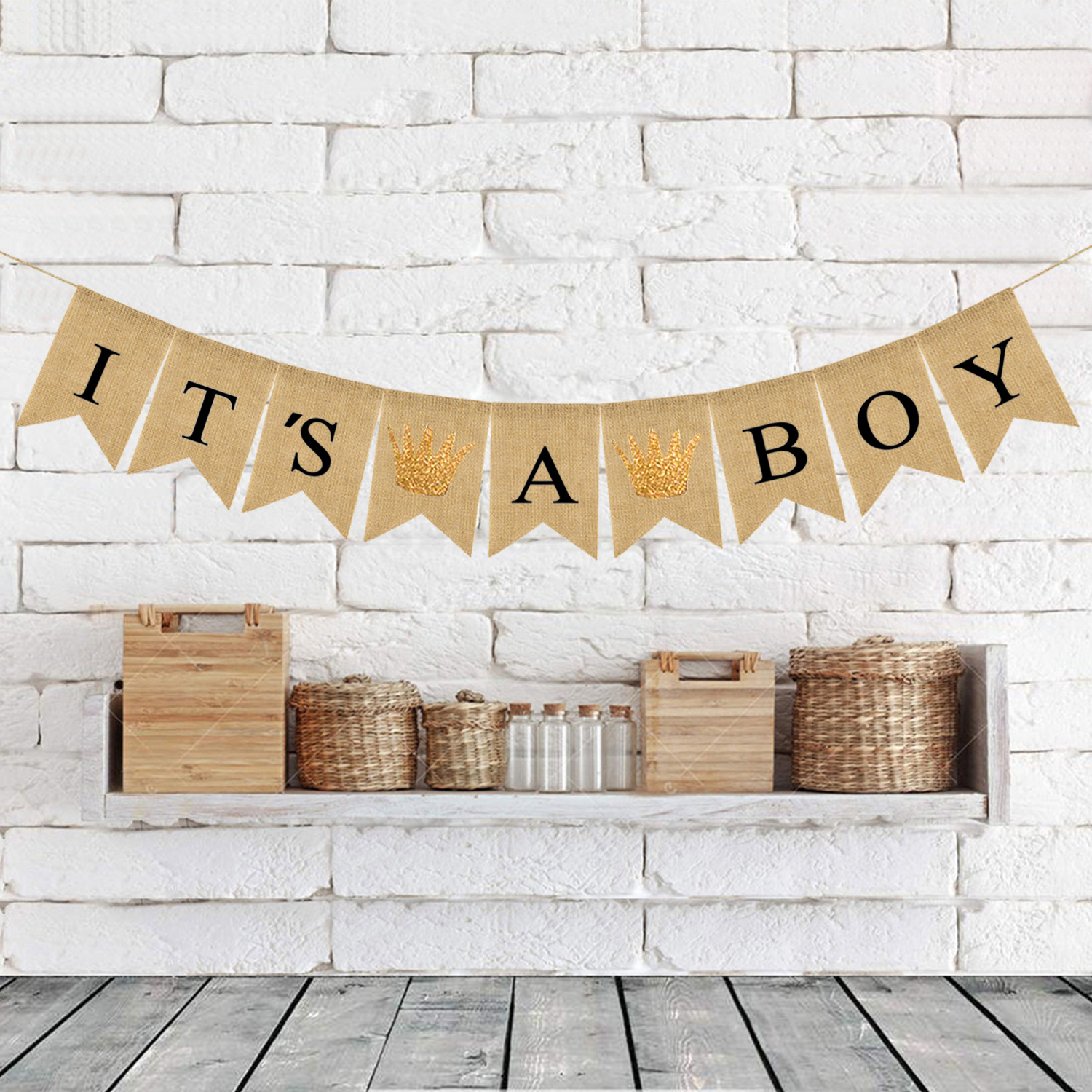 男宝宝周岁生日派对主题装饰旗 it's a boy皇冠麻布燕尾旗产品图