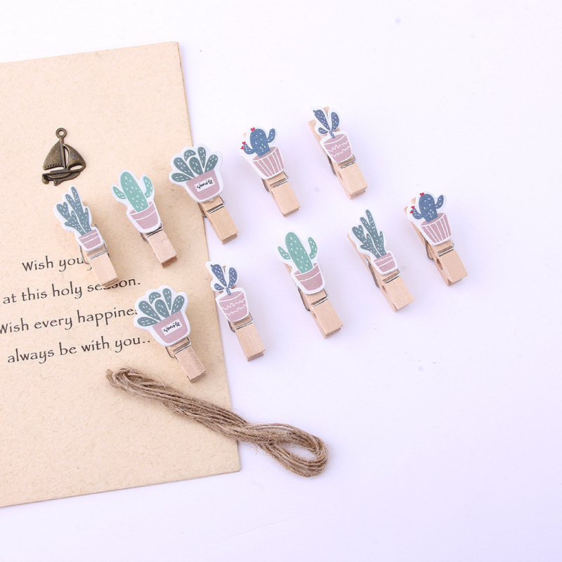 10 creative new cactus photo wooden clips, potted succulent-shaped message clips, hanging ribbons and hemp ropes details Picture