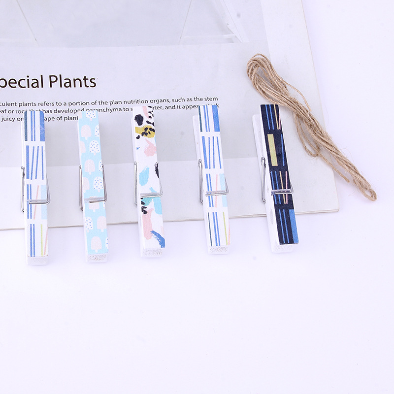 Customized gold and silver 7.2cm photo wooden clips, 5 pieces, colored wooden clips, white lacquer printed wooden clips, hanging decorative straps, and hemp ropes Specification image