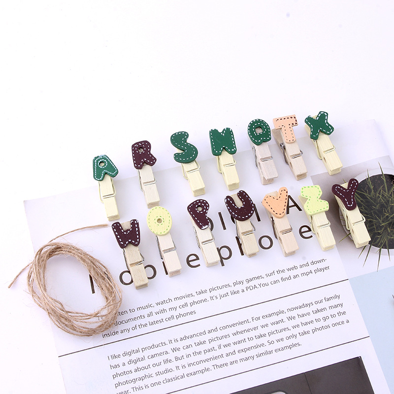 创意14个装加减乘除数字照片木夹26英文字母留言夹子挂饰带麻绳细节图