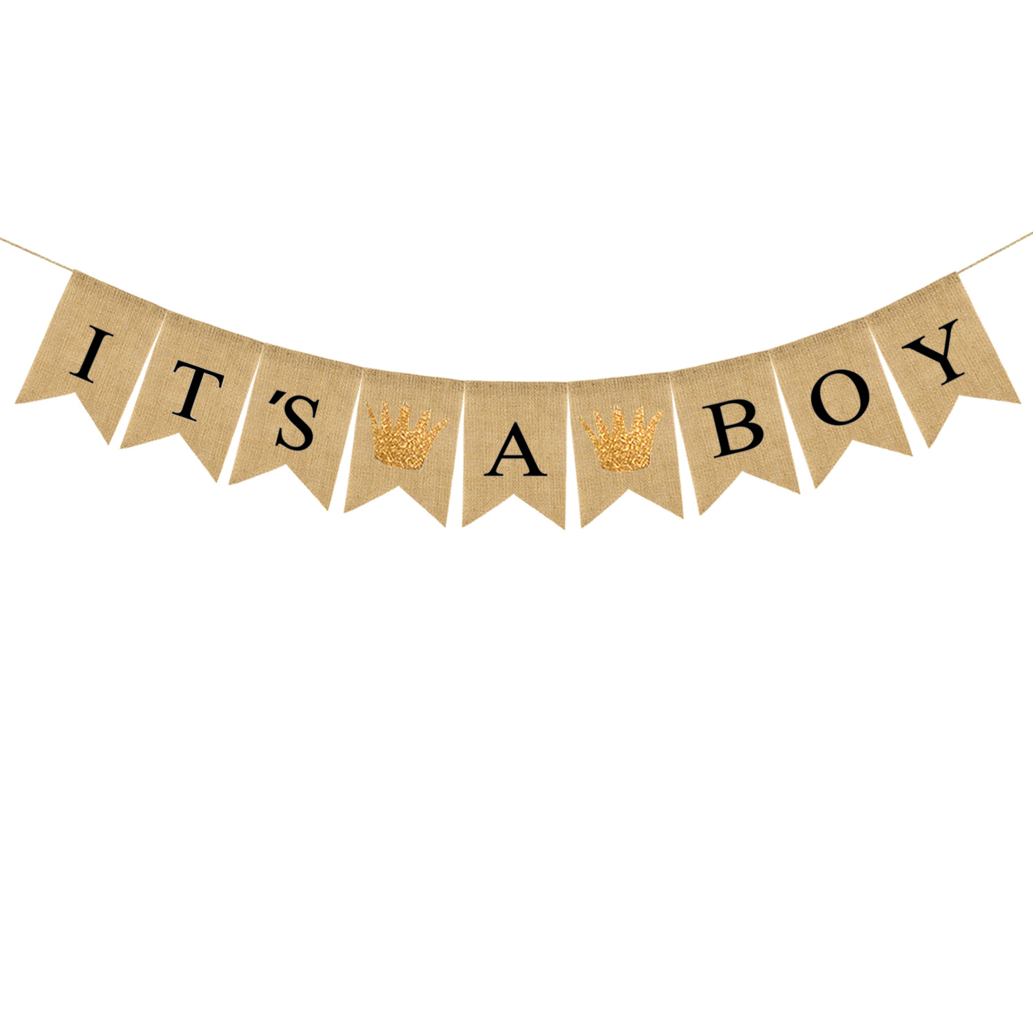 男宝宝周岁生日派对主题装饰旗 it's a boy皇冠麻布燕尾旗