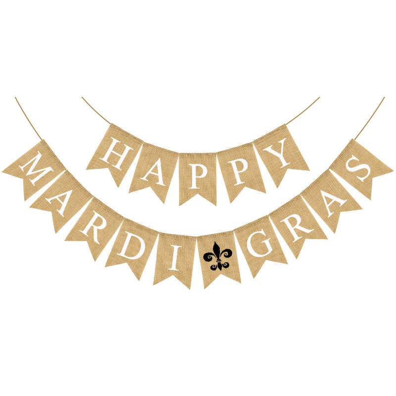 厂家直销欧美斋月装饰拉花开斋串旗HAPPY MARDI GRAS麻布燕尾拉旗产品图