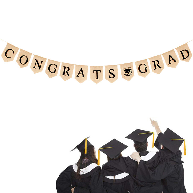 毕业派对装饰串旗麻布复古CONGRATS class of 2020 GRAD遁形拉旗细节图