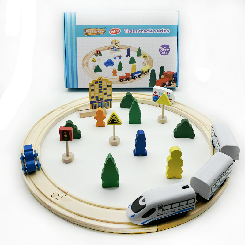 木质拼搭轨道城市交通积木男女孩组装益智小火车汽车滑行玩具白底实物图