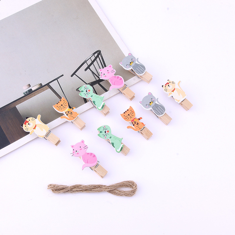 Wholesale 10 pieces of insect wooden clips, animal photo clips, little fox snack message clips, home hanging ornaments, and hemp ropes details Picture