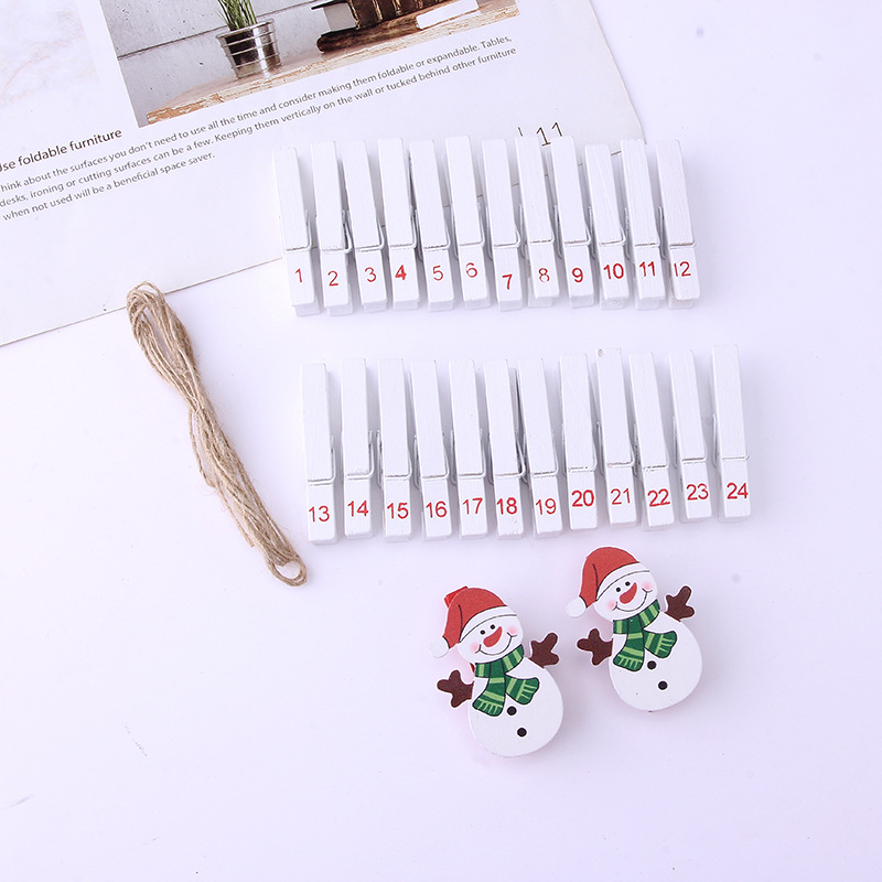 Customized Santa Claus photo wooden clips, 26 pieces, white paint digital printing snowman wooden clips, home hanging ornaments, hemp ropes