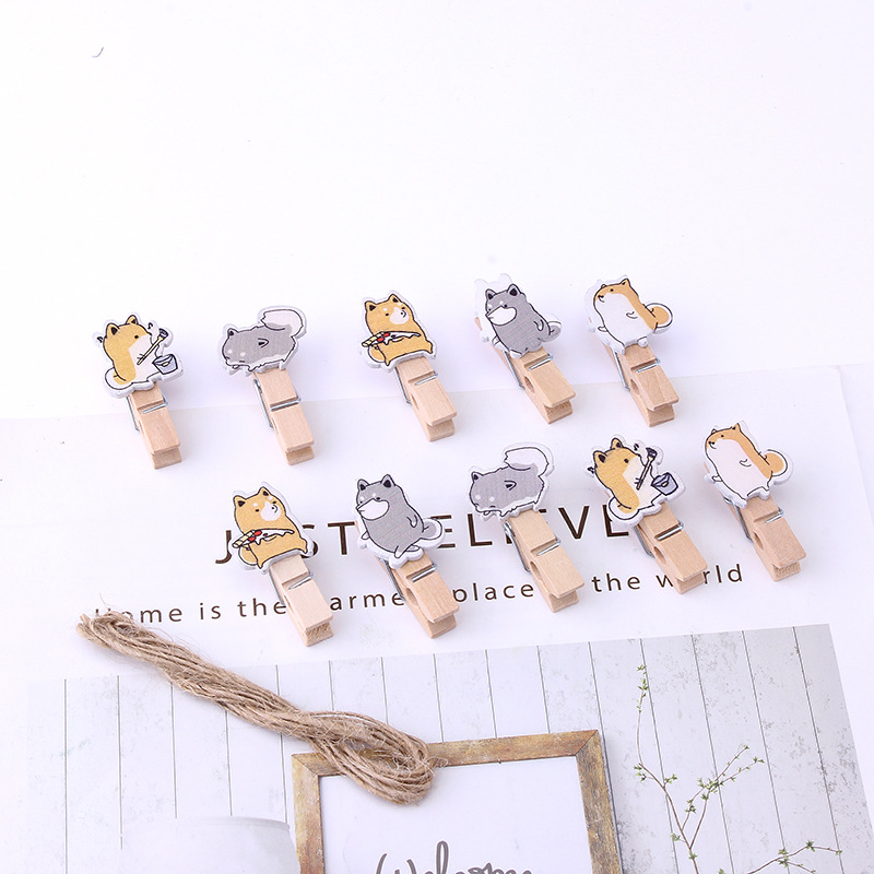 Wholesale 10 pieces of insect wooden clips, animal photo clips, little fox snack message clips, home hanging ornaments, and hemp ropes