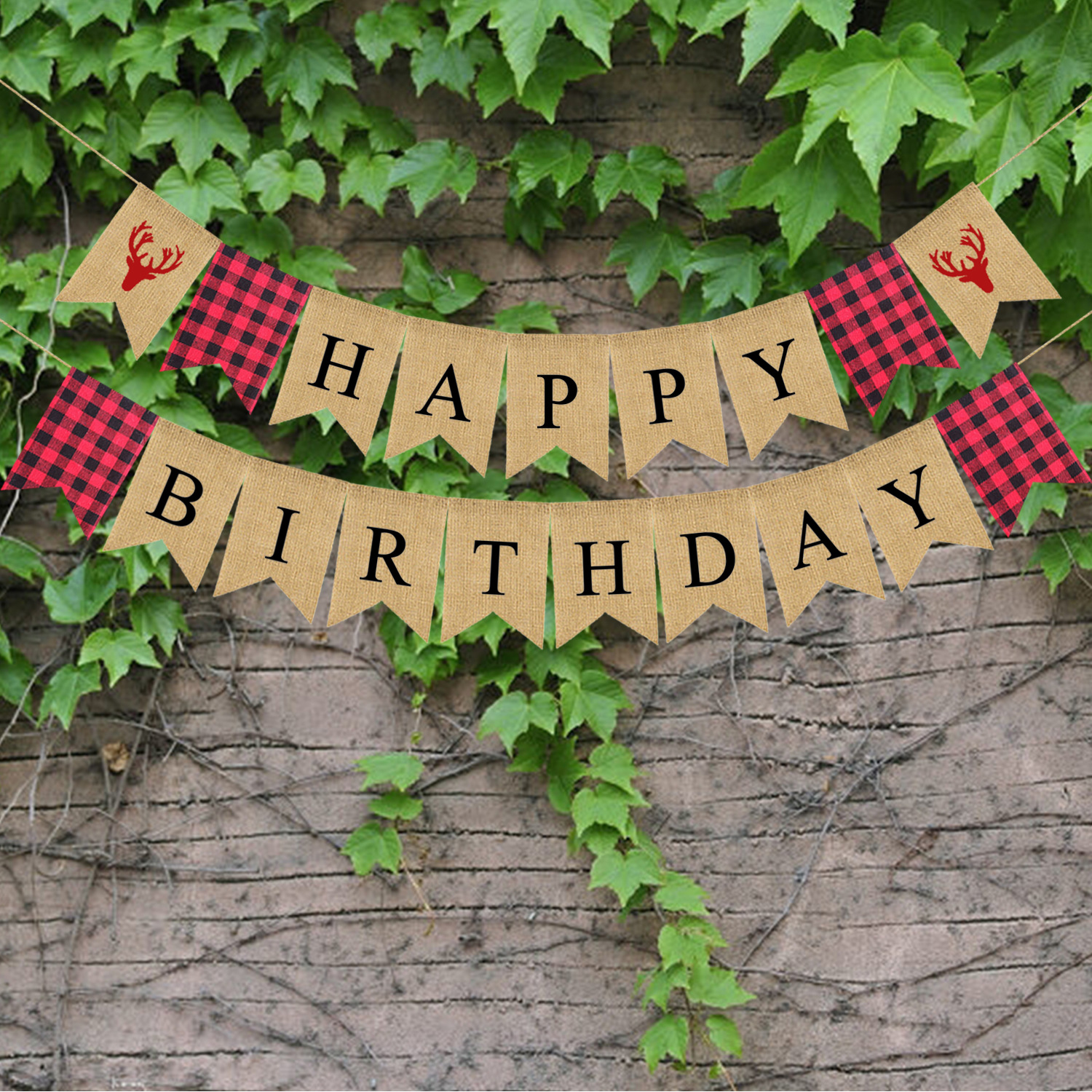 生日派对装饰拉旗 彩色HAPPY BIRTHDAY伐木工格子布麻布燕尾旗细节图