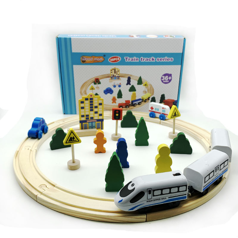木质拼搭轨道城市交通积木男女孩组装益智小火车汽车滑行玩具产品图