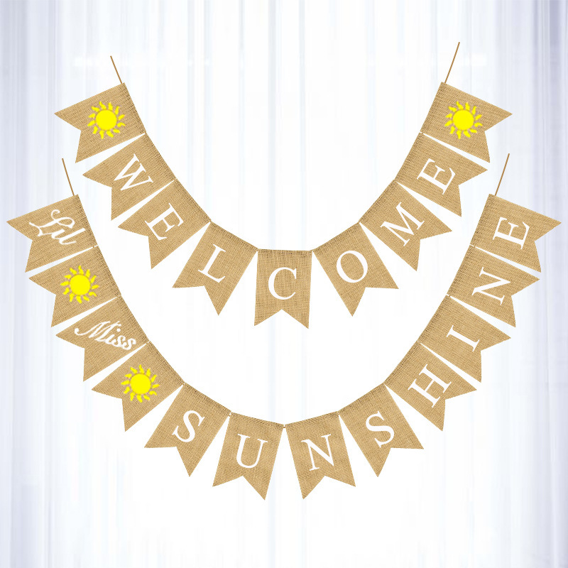 欧美生日 婚庆派对复古装饰拉花 welcome sunshine麻布旗细节图