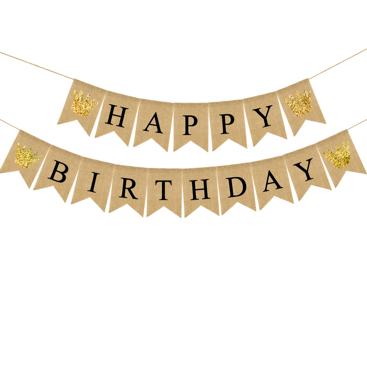 厂家直销 生日派对装饰拉旗 HAPPY BIRTHDAY金色皇冠麻布燕尾旗