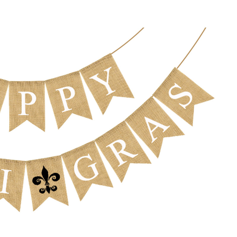 厂家直销欧美斋月装饰拉花开斋串旗HAPPY MARDI GRAS麻布燕尾拉旗白底实物图