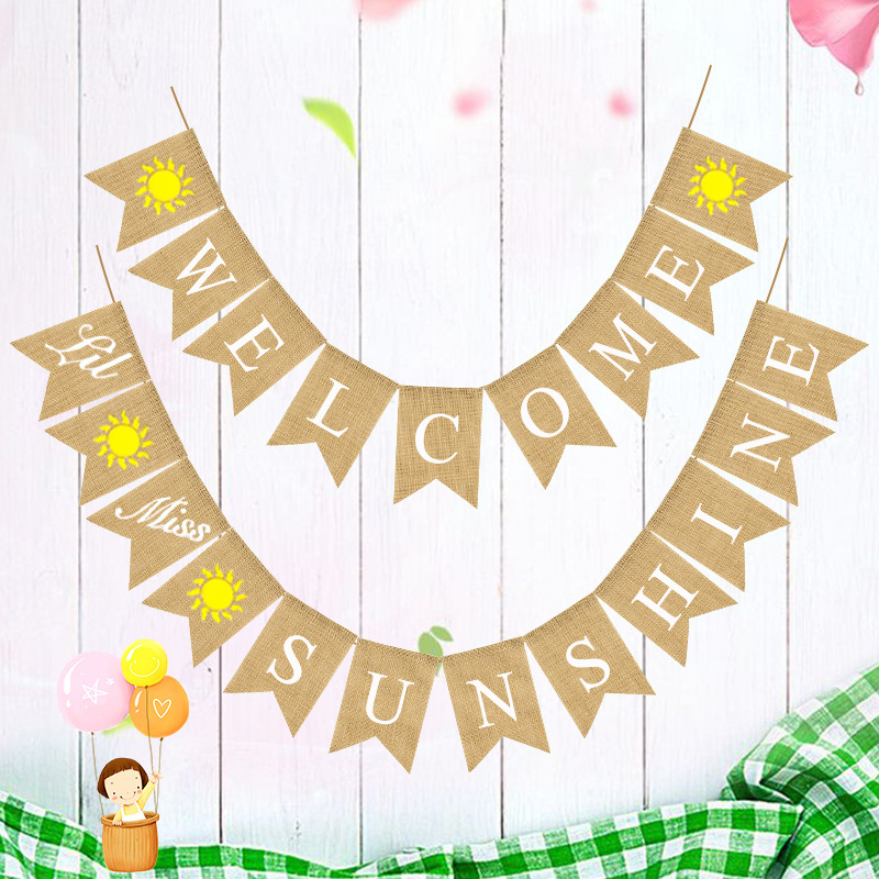 欧美生日 婚庆派对复古装饰拉花 welcome sunshine麻布旗