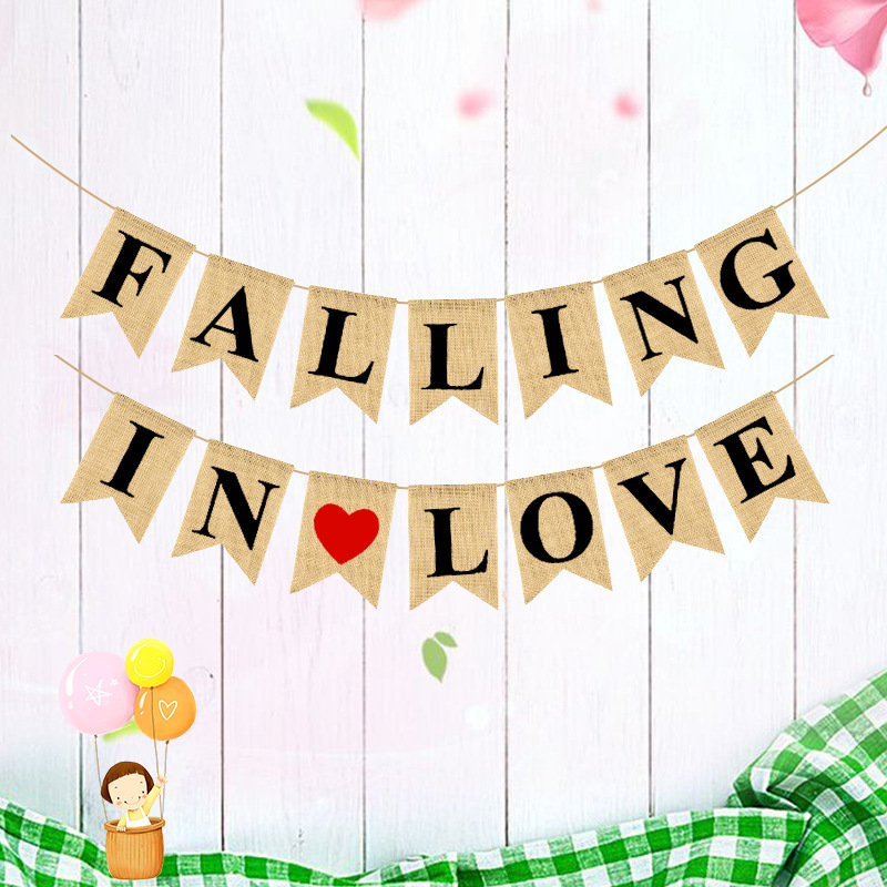 新款欧美单身 婚庆派对装饰横幅 拉花 FALLING IN LOVE麻布燕尾旗