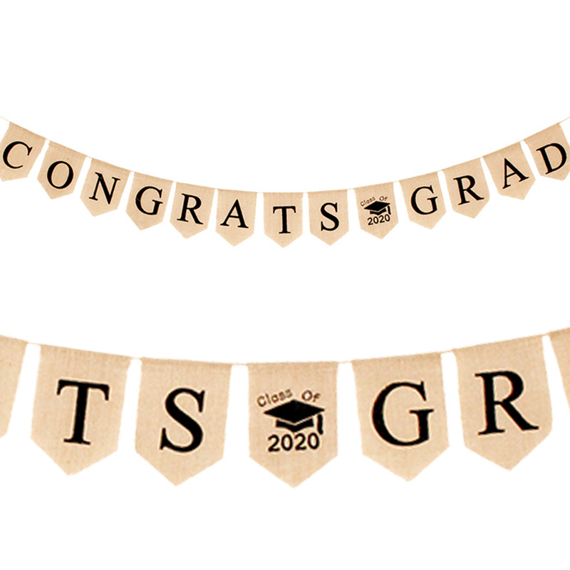 毕业派对装饰串旗麻布复古CONGRATS class of 2020 GRAD遁形拉旗