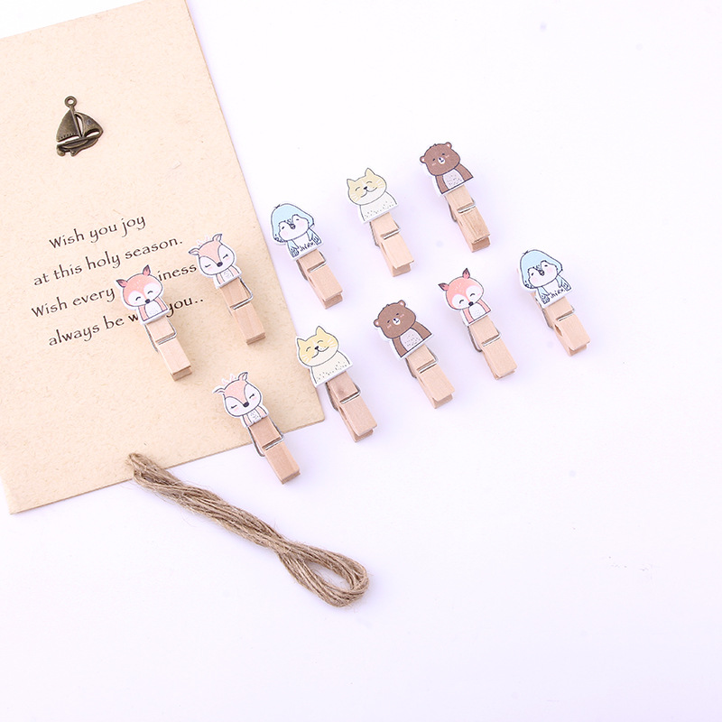 Wholesale 10 pieces of insect wooden clips, animal photo clips, little fox snack message clips, home hanging ornaments, and hemp ropes Specification image