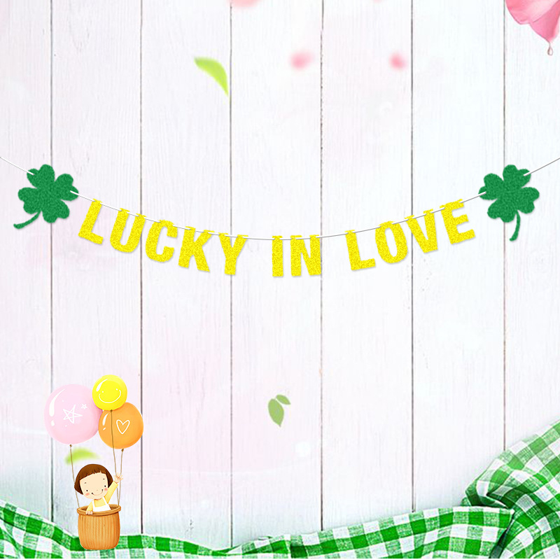 爱尔兰圣帕特里克狂欢节派对装饰串旗四叶草LUCKY IN LOVE闪粉旗