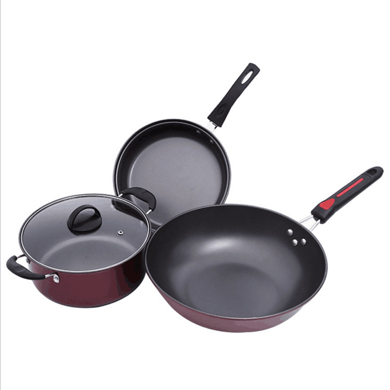 Factory direct sales of cookware sets, fine iron three-piece sets, kitchen non-stick pans, gift pans, universal colorful three-piece sets, wok pans Item Picture