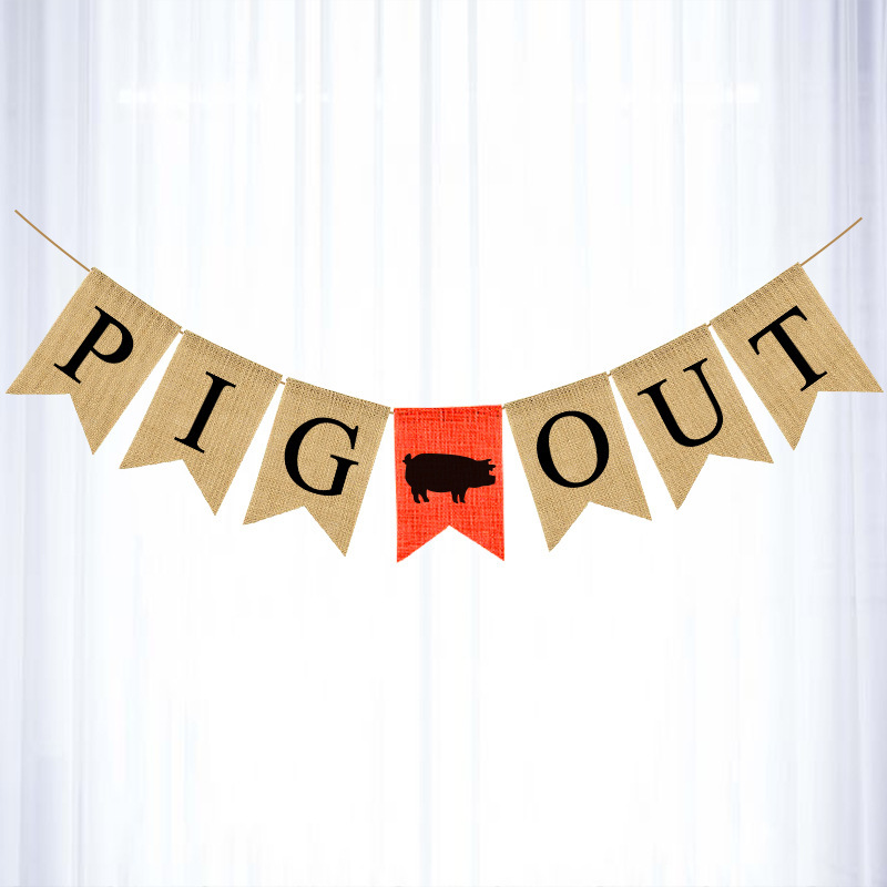 Factory Direct Sales Farm Party Decoration Supplies Stretch Flag Pig Out Linen Dovetail Pull Flag Specification drawing