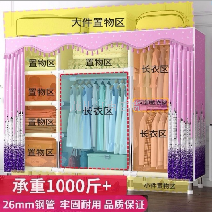 Simple fabric wardrobe, thickened and reinforced steel pipe, Oxford fabric cabinet, non-solid wood double and single wardrobe storage rack Specification image
