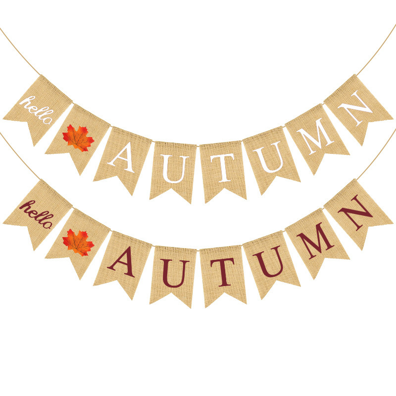 厂家直销 秋季新款彩旗 枫叶主题 HELLO AUTUMN 麻布燕尾旗