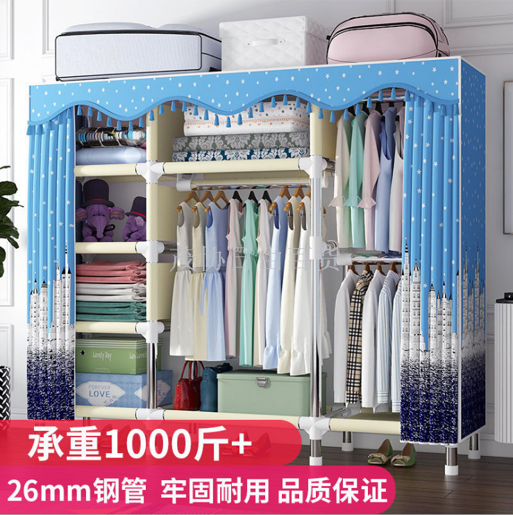 Simple fabric wardrobe, thickened and reinforced steel pipe, Oxford fabric cabinet, non-solid wood double and single wardrobe storage rack