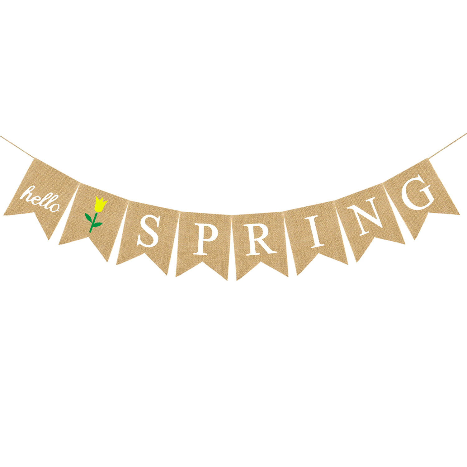 厂家直销 欧美春天装饰拉旗 彩色hello spring 麻布燕尾旗