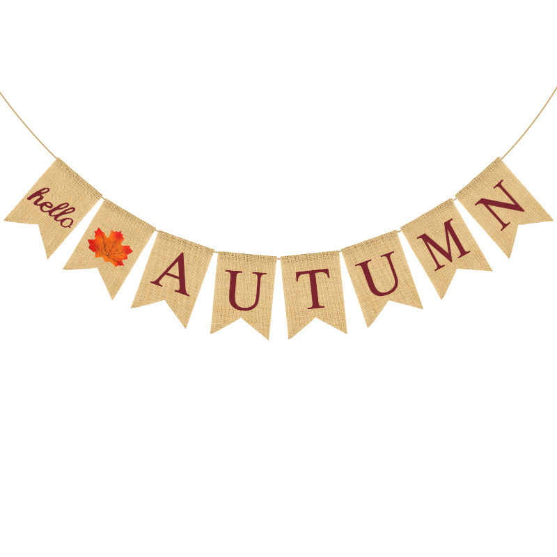 厂家直销 秋季新款彩旗 枫叶主题 HELLO AUTUMN 麻布燕尾旗产品图