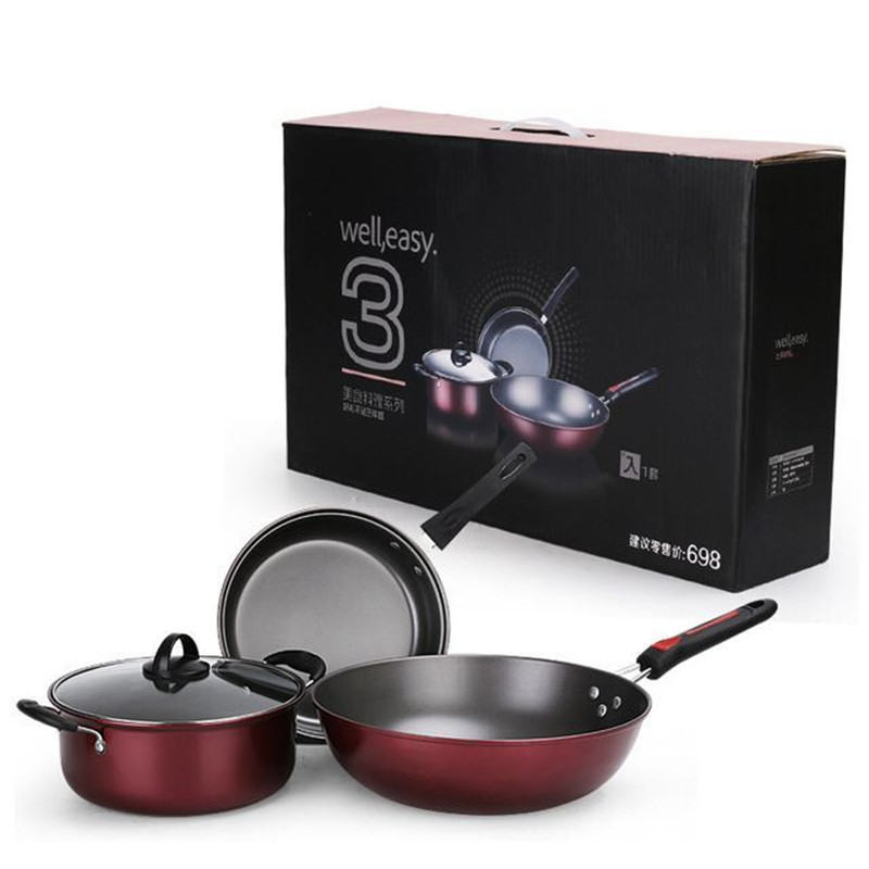 Factory direct sales of cookware sets, fine iron three-piece sets, kitchen non-stick pans, gift pans, universal colorful three-piece sets, wok pans Specification image