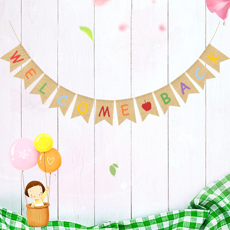 厂家直销 开学季派对装饰用品 彩色拉旗 WELCOME BACK 麻布燕尾旗白底实物图