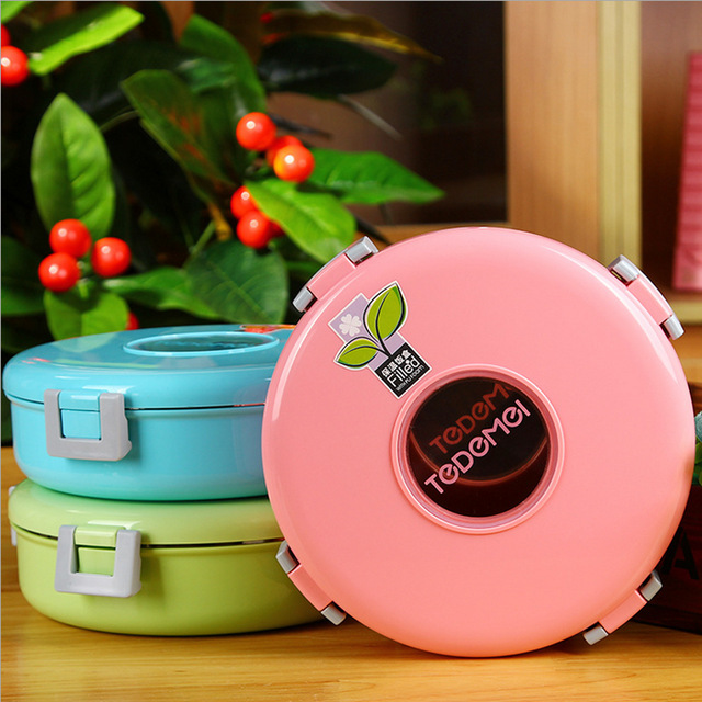 Creative student round 1-layer insulated Japanese lunch box and bento box, microwave heated 304 stainless steel Korean version with lid