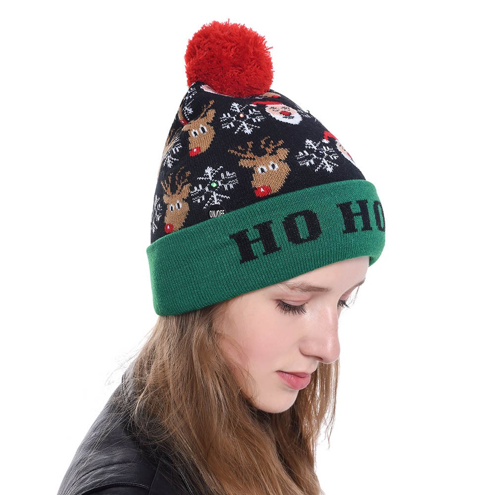 2019 new Christmas flanged knitted hat with ball band LED colorful lights adult children Halloween decorative hat Specification drawing