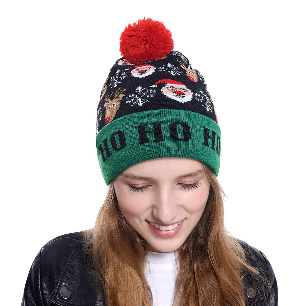 2019 new Christmas flanged knitted hat with ball band LED colorful lights adult children Halloween decorative hat details Picture